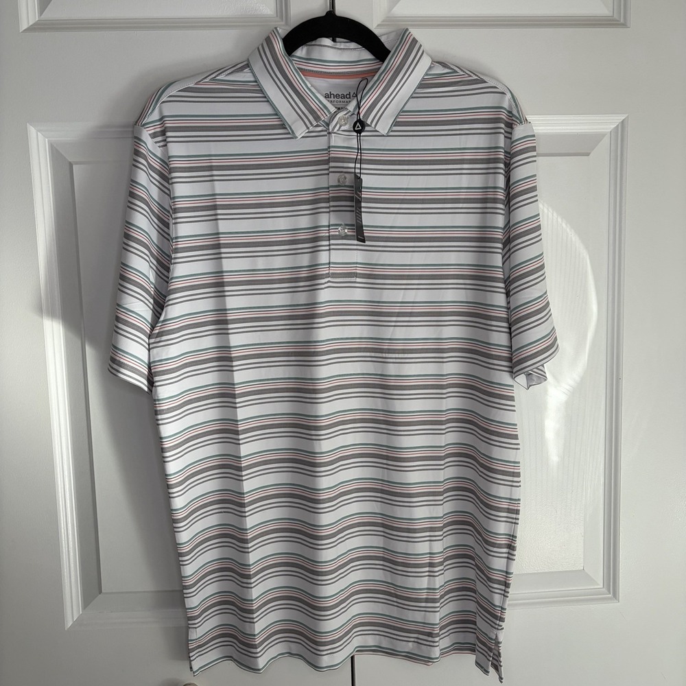Ahead Performance Golf Polo Shirt White W/ Gray Green Orange NEW Mens Small